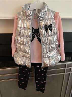 Flapdoodles Girls Silver Puffer Vest Pink Top Black Bow Leggings Set